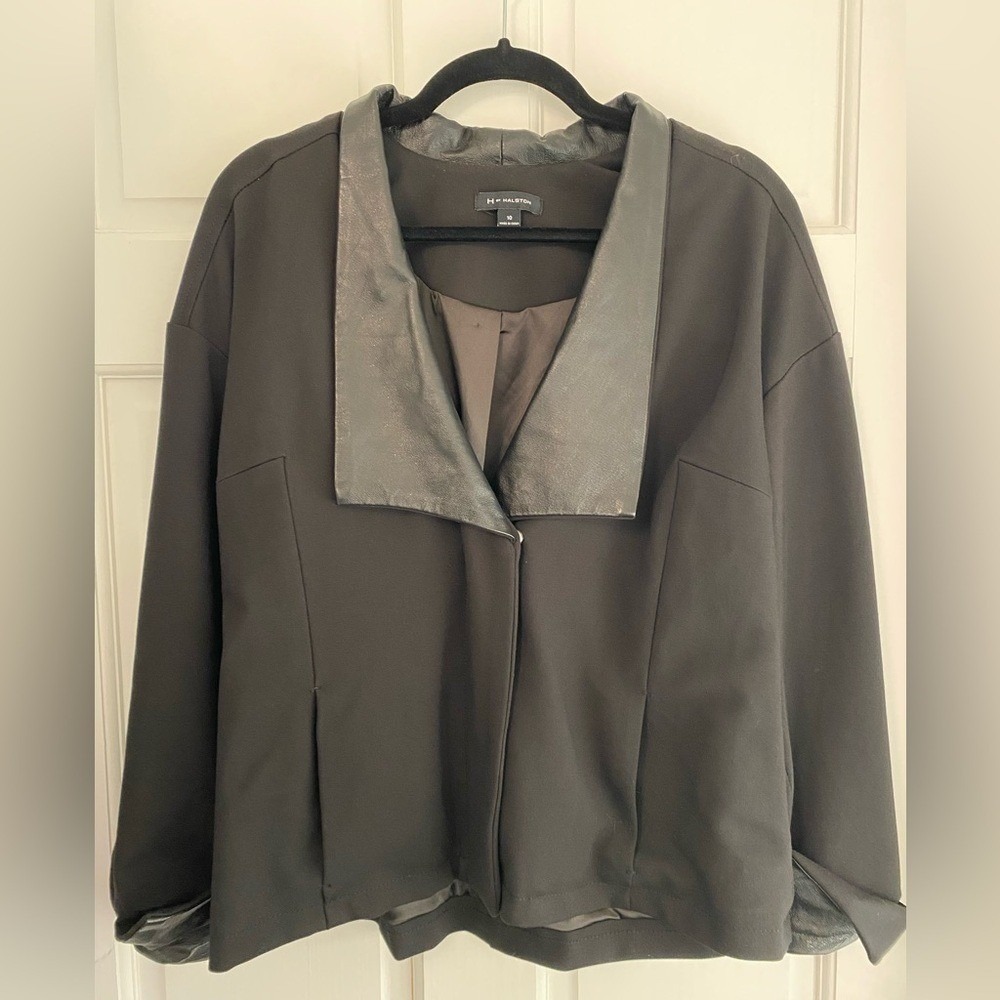H by Halston Black‎ Leather Trim Zip Jacket with Pockets Size 10 D